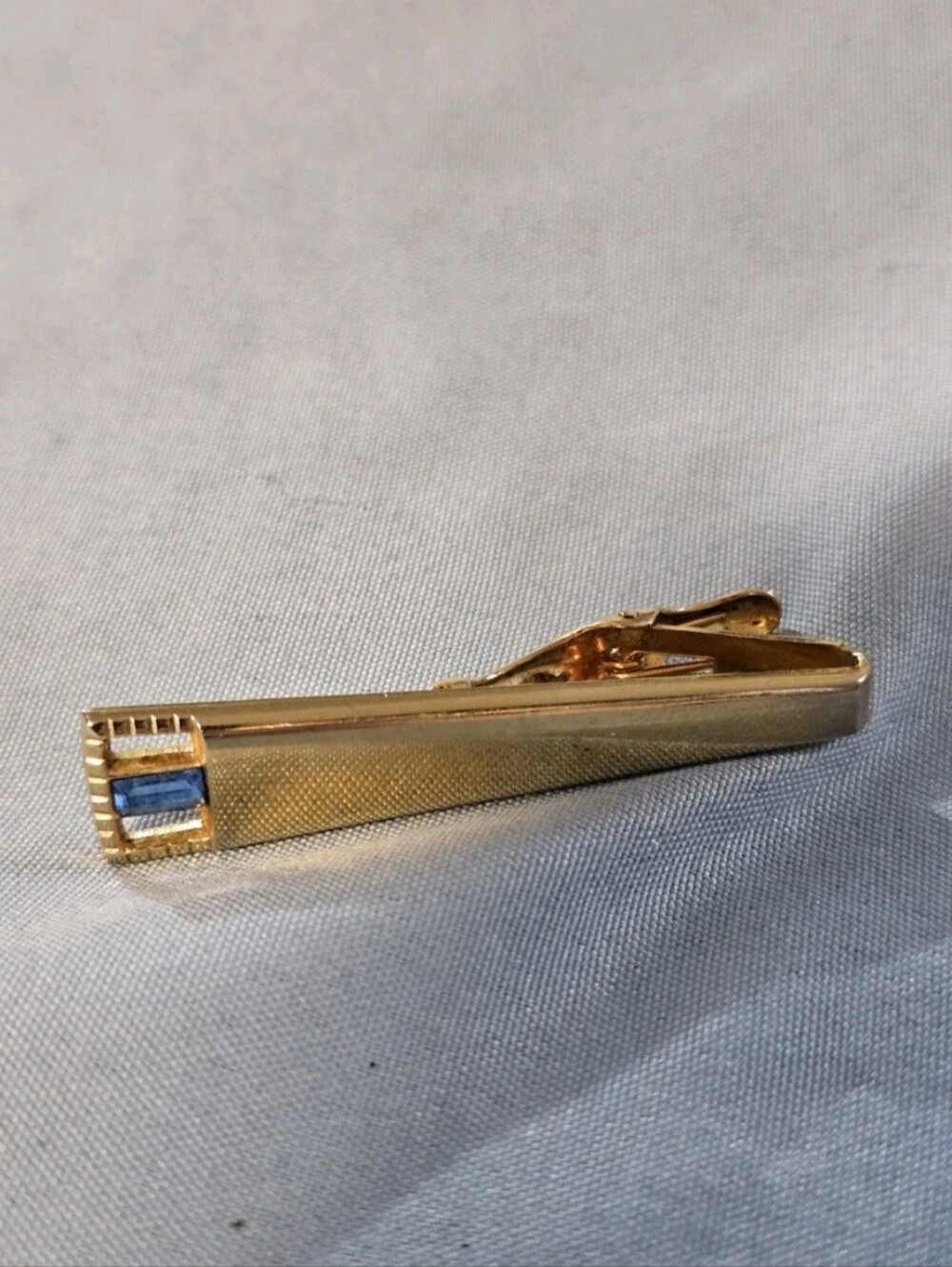 Vintage Mid-century Gold-tone Foster Tie Clip Baguette-cut Blue Stone